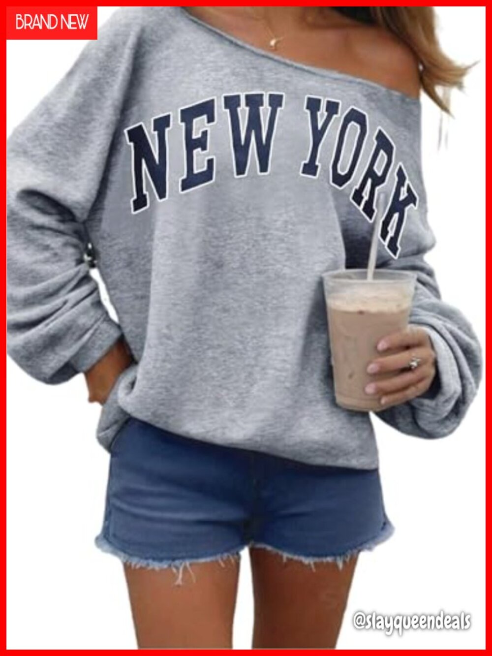 Off Shoulder Oversized Sweatshirt New York Graphic Long Sleeve Top